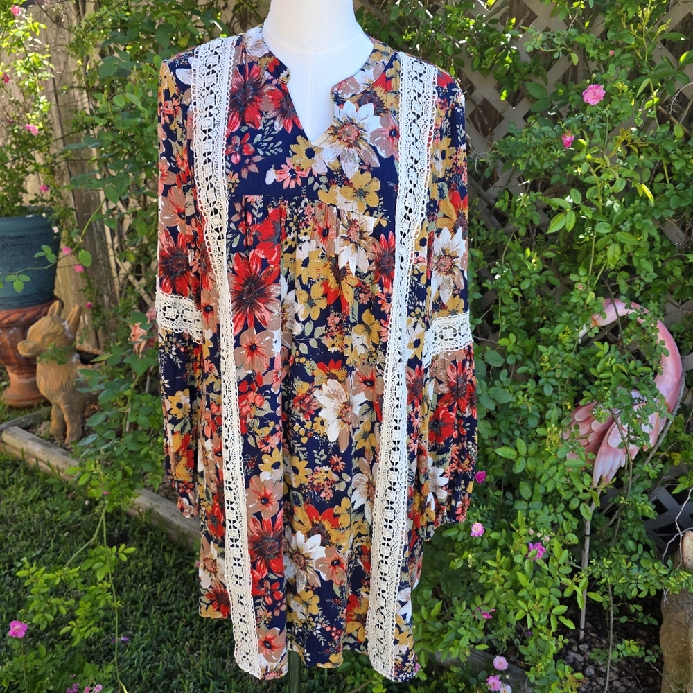 Entro Floral Shift Tunic Dress with Lace Detail Vibrant Blue Floral Womens M